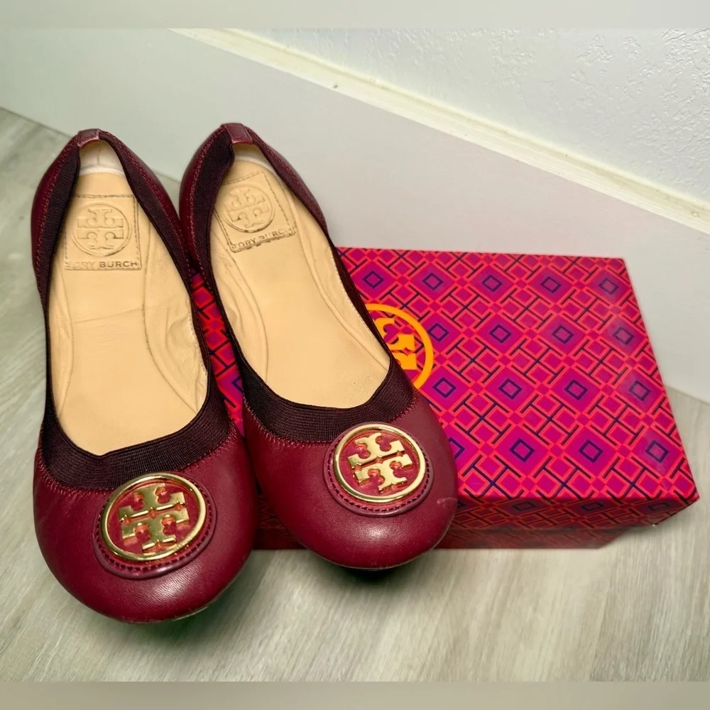 Tory Burch Burgundy Leather Ballet Flats Gold Logo Women Size 7.5 M